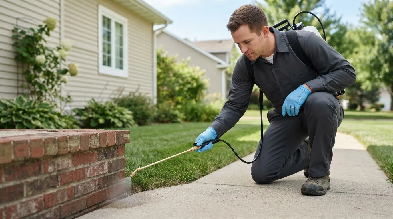 Pest control technician treating a home near Chesterfield, NH