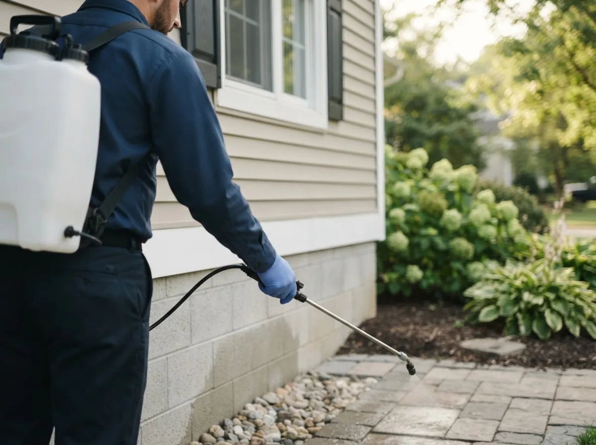 Pest control technician inspecting a home in Chesterfield, NH